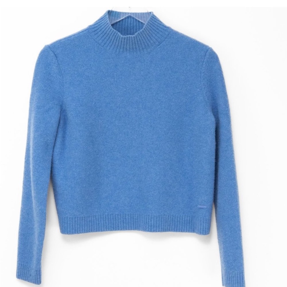Tory Burch Cropped Sweater Merino Wool Mock Neck Preppy Blue Size Large